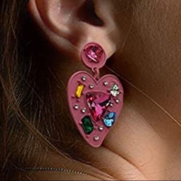 NWT Pink Heart Jeweled Y2K Chunky Statement Drop Earrings Cute 2000s 💖 - Picture 2 of 4